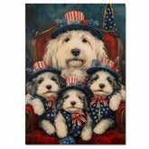 Mother Old English Sheepdog and Three Puppies in Patriotic Outfits on Red Chair with American Flag Hats on Ready to Hang 1.5" Thick Canvas Wrap, Floating Framed Canvas, Flat Rolled Canvas